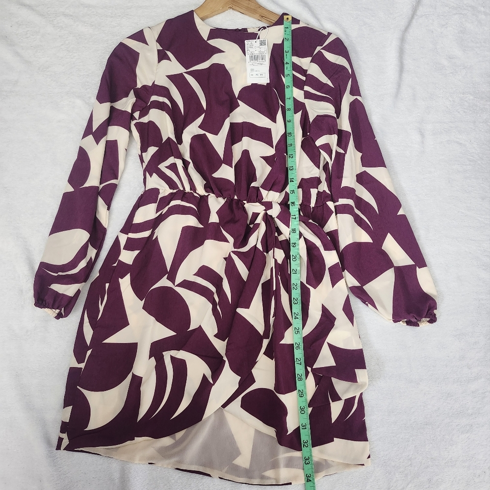 MANGO Purple Cream Abstract Print Lightweight Long Sleeve Mini Dress Medium NWT - Picture 13 of 15